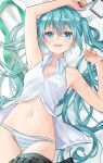  1girl absurdres aqua_eyes aqua_hair arm_up armlet artist_name bangs bare_shoulders black_skirt blue_eyes blue_panties blush breasts cleavage collared_shirt cowboy_shot green_necktie hair_ornament_removed halha_20 hatsune_miku highres long_hair looking_at_viewer lying navel necktie necktie_removed number_tattoo on_back panties partially_unbuttoned pleated_skirt shirt shoulder_tattoo sidelocks skirt skirt_around_one_leg sleeveless sleeveless_shirt small_breasts solo striped striped_panties tattoo thigh_gap twintails underwear very_long_hair vocaloid white_background white_shirt 