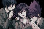  3boys artist_name bangs black_background black_hair black_jacket black_necktie collared_shirt danganronpa_(series) danganronpa_v3:_killing_harmony grey_shirt hair_between_eyes hand_on_another&#039;s_shoulder holding holding_hair holding_hands jacket looking_at_viewer momota_kaito multicolored_hair multiple_boys necktie open_clothes open_jacket ouma_kokichi pink_eyes portrait purple_hair saihara_shuuichi sakuyu shirt simple_background spiked_hair teeth tongue two-tone_hair yaoi 