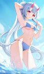 1girl absurdres arm_behind_head arm_up armpits bangs bare_arms bikini blue_archive blue_hair blue_sky blunt_bangs breasts chise_(blue_archive) chise_(swimsuit)_(blue_archive) cloud cloudy_sky day gradient_hair halo halter_top halterneck hand_up highres horns long_hair looking_at_viewer medium_breasts multicolored_hair navel oni_horns outdoors parted_lips ponytail rable red_eyes skindentation sky solo stomach striped striped_bikini swimsuit thighs two-tone_bikini wading water water_drop white_hair 