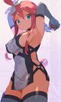  1girl armpits arms_up blue_dress blue_eyes blue_gloves blue_thighhighs breasts covered_nipples dress elbow_gloves flower gloves hair_flower hair_ornament highres holding holding_poke_ball long_hair looking_at_viewer medium_breasts poke_ball pokemon pokemon_(game) pokemon_bw red_hair sideboob sidelocks skyla_(pokemon) solo spring2013 standing thighhighs thighs 
