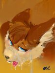  absurd_res ambiguous_gender anthro blue_eyes bodily_fluids brown_background brown_body brown_ears brown_fur brown_hair cheek_tuft cum cum_on_face eyelashes facial_tuft fur genital_fluids glistening glistening_eyes hair hi_res inner_ear_fluff looking_at_viewer mammal oselotti red_tongue rodent sciurid short_hair signature simple_background solo tan_body tan_fur tan_inner_ear_fluff teeth tongue tongue_out tuft 