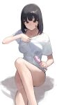  1girl absurdres black_hair blush breasts closed_eyes closed_mouth facial_tattoo highres holding legs looking_down mac_star medium_breasts original red_eyes shirt short_hair short_sleeves simple_background sitting solo star_tattoo t-shirt tattoo thighs white_background white_shirt 