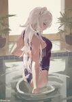  1girl absurdres animal_ears ass bare_shoulders breasts grey_eyes highres hololive lion_ears lion_tail long_hair one-piece_swimsuit partially_submerged plant pool samu_(7643109) shishiro_botan solo swimsuit tail tiles twitter_username virtual_youtuber wading white_hair window 