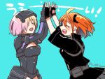  2girls ahoge armor bangs belt breasts closed_eyes eyewear_on_head fate/grand_order fate_(series) fingerless_gloves fujimaru_ritsuka_(female) gloves hair_over_one_eye high_five jacket looking_back mash_kyrielight mash_kyrielight_(ortenaus) multiple_girls open_mouth ponytail purple_hair red_hair sekihara_umina short_hair side_ponytail skirt smile yuri 