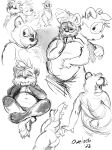  absurd_res anthro belly big_belly butt chest_tuft eyes_closed featureless_crotch front_view hair hand_on_face hi_res male monochrome narrowed_eyes oselotti overweight overweight_anthro overweight_male rear_view short_hair sitting sketch_page solo tuft wide_eyed 