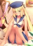  1girl absurdres artoria_caster_(fate) artoria_pendragon_(fate) bangs beret bikini blonde_hair blue_headwear blush breasts cernunnos_(fate) cup drinking_glass fate/grand_order fate_(series) green_eyes hat highres long_hair looking_at_viewer mishiro_(ixtlolton) small_breasts smile solo staff stuffed_toy swimsuit thighs twintails white_bikini 