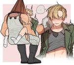  2boys bbiiyak black_footwear blonde_hair blush boots green_jacket grey_eyes hair_between_eyes helmet highres implied_anal implied_sex jacket james_sunderland knee_boots korean_commentary korean_text male_focus multiple_boys multiple_views pyramid_head sex shirt silent_hill_(series) silent_hill_2 simple_background size_difference socks speech_bubble sweat tears white_socks yaoi 