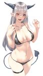  1girl alexi_oekaki bangs bikini black_bikini blue_eyes blush breasts cleavage collarbone demon_girl demon_horns demon_tail grey_hair hands_up highres horns large_breasts long_hair navel open_mouth original pointy_ears solo swimsuit tail thigh_strap thighs 