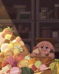 banana cake cake_slice candy cream cream_on_face desert doughnut eating flask food food_focus food_on_face fruit grapes highres kirby kirby_(series) light light_rays lollipop looking_to_the_side miclot orange_(fruit) shelf solo spotlight strawberry 