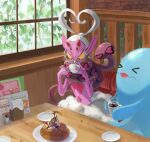  &gt;_&lt; black_eyes bright_pupils closed_eyes colored_sclera commentary_request cup enamorus enamorus_(incarnate) food highres holding holding_cup indoors koala_0l lipstick looking_down makeup plant plate pokemon steam table white_pupils window wobbuffet yellow_sclera 