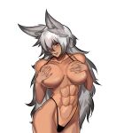  abs absurdres ainemswork_(artist) animal_ears bikini bikini_aside breast_grab breasts clothing_aside fox_ears grabbing heterochromia highres hip_focus kitsune large_breasts long_hair mithra_tsukiaki_(vtuber) multiple_tails muscular muscular_female navel non-web_source original swimsuit tail virtual_youtuber 