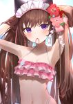  1girl armpits bangs bare_shoulders bikini blue_archive blush breasts brown_hair closed_mouth collarbone flower hair_flower hair_ornament hair_tie hair_tie_in_mouth highres hub_(havu_obi) long_hair maid_headdress mouth_hold navel pink_bikini pink_flower purple_eyes red_flower shizuko_(blue_archive) small_breasts solo swimsuit twintails very_long_hair 