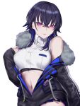  1girl absurdres bangs bare_shoulders black_coat black_hair blue_hair breasts buttons closed_mouth coat collared_shirt commentary_request crop_top crossed_bangs earrings fur-trimmed_coat fur_collar fur_trim hair_between_eyes hand_up head_tilt highres ichinose_uruha jewelry kumiko_shiba long_sleeves looking_at_viewer lupinus_virtual_games medium_breasts midriff multicolored_hair navel off_shoulder open_clothes open_coat pink_eyes shiny shiny_hair shirt short_hair_with_long_locks simple_background sleeveless sleeveless_shirt sleeves_past_wrists solo star_(symbol) stomach streaked_hair stud_earrings turtleneck virtual_youtuber vspo! white_background white_shirt 