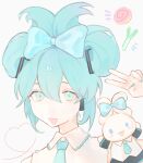  1girl blue_eyes cinnamiku cinnamoroll hatsune_miku headset highres light_smile long_hair necktie non-web_source parted_lips sanrio simple_background smile spring_onion tied_ears twintails very_long_hair vocaloid 
