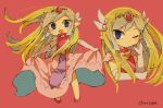  1girl artist_name back belt blonde_hair blue_eyes blush closed_mouth dress floating_hair full_body gloves jewelry long_hair looking_up multicolored_hair multiple_persona necklace open_mouth pink_dress princess_zelda skirt_hold solo the_legend_of_zelda the_legend_of_zelda:_spirit_tracks the_legend_of_zelda:_the_wind_waker tiara tokuura toon_zelda 