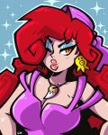  1girl blue_eyeshadow captain_syrup collar curly_hair earrings eyeshadow highres jewelry legendofnerd lipstick long_hair looking_at_viewer makeup one_eye_closed pink_lips red_hair solo wario_land wavy_hair yellow_eyes 