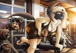  2022 absol anthro anthrofied bottomwear breasts clothing detailed_background dumbbell exercise female fur gym hi_res inside james_corck nintendo pok&eacute;mon pok&eacute;mon_(species) police_officer shorts solo teeth video_games weightlifting weights white_body white_fur workout 
