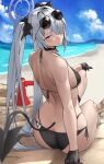  1girl absurdres ass bangs bare_shoulders bikini black_bikini blue_archive blush breasts dark-skinned_female dark_skin demon_tail eyewear_on_head grey_hair hair_over_one_eye halo highres iori_(blue_archive) iori_(swimsuit)_(blue_archive) long_hair looking_at_viewer looking_back pointy_ears red_eyes small_breasts solo sunglasses swimsuit tail twintails yoshio_(55level) 