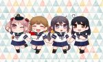  4girls :3 ahoge akebono_(kancolle) animal_on_arm badge bandaid bandaid_on_face bell black_hair blue_sailor_collar blue_skirt brown_eyes brown_hair chestnut_mouth chibi closed_eyes crab fang flower full_body fuzino hair_bell hair_bobbles hair_flower hair_ornament hat jingle_bell kantai_collection kneehighs long_hair looking_at_viewer multiple_girls oboro_(kancolle) open_mouth peaked_cap pink_eyes pink_hair pleated_skirt purple_eyes purple_hair sailor_collar sazanami_(kancolle) school_uniform serafuku short_hair short_sleeves side_ponytail skirt socks teeth twintails upper_teeth ushio_(kancolle) very_long_hair waving white_headwear 