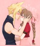  1boy 1girl 2019 aerith_gainsborough black_sweater blonde_hair blue_eyes blush bow braid braided_ponytail brown_hair closed_eyes cloud_strife couple cropped_torso dated embarrassed final_fantasy final_fantasy_vii from_side hair_bow hetero jacket krudears long_hair looking_at_another pink_background pink_bow ponytail red_jacket ribbed_sweater shiny shiny_hair short_sleeves sleeveless sleeveless_sweater spiked_hair sweatdrop sweater thought_bubble upper_body very_long_hair waiting_for_kiss 