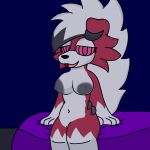  1:1 anthro bed breasts canid canine canis female fur furniture genitals hair happy hi_res looking_at_viewer lycanroc lyncario mammal midnight_lycanroc nintendo nude open_mouth pok&eacute;mon pok&eacute;mon_(species) pussy red_body red_fur simple_background smile solo video_games white_body white_fur 