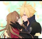  1boy 1girl aerith_gainsborough armor black_border black_gloves blonde_hair blue_cardigan blue_eyes border brown_hair cardigan closed_mouth cloud_strife couple earrings eye_contact final_fantasy final_fantasy_vii floating_hair from_side gloves green_eyes hair_between_eyes hetero jacket jewelry krudears letterboxed long_hair looking_at_another petals red_jacket shoulder_armor smile spiked_hair upper_body 