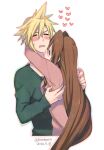  1boy 1girl 2016 aerith_gainsborough blonde_hair blush brown_hair closed_eyes cloud_strife couple cropped_torso dated final_fantasy final_fantasy_vii green_sweater heart hetero hug krudears long_hair long_sleeves open_mouth pink_sweater shiny shiny_hair spiked_hair straight_hair sweatdrop sweater twitter_username upper_body very_long_hair wavy_mouth white_background 