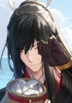  1boy bad_link bangs basket black_hair brown_gloves chorefuji closed_mouth cloud day eyeshadow gloves hand_up highres japanese_clothes long_hair makeup male_focus one_eye_closed outdoors ponytail portrait red_eyeshadow sky solo tarou_tachi touken_ranbu wet wet_hair yellow_eyes 