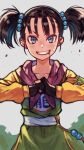  1girl armlet bandage_on_face bandages black_gloves black_hair blue_eyes blue_pupils collarbone dragon_quest dragon_quest_iii fighter_(dq3) fingerless_gloves gloves grin hair_bobbles hair_ornament highres long_sleeves looking_at_viewer own_hands_together rumie sash short_hair short_twintails smile solo twintails v-shaped_eyebrows white_sash 