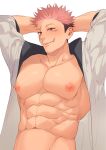  1boy abs arms_behind_head bara bare_pectorals brown_eyes ccccc_(jpn_m0) facial_mark highres itadori_yuuji jacket jujutsu_kaisen large_pectorals male_focus muscular muscular_male navel nipples open_clothes open_jacket pectorals pink_hair scar scar_on_face scar_on_mouth short_hair solo twitter_username undercut upper_body white_jacket 