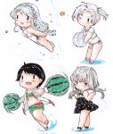  4girls asymmetrical_bangs ball bangs beachball bikini black_hair casual_one-piece_swimsuit chibi commentary_request flower food frilled_swimsuit frills fruit green_bikini green_shorts grey_hair hair_flower hair_ornament hairband highres i-201_(kancolle) jacket kantai_collection kinugasa_(kancolle) leaning_forward long_hair low_twintails mogami_(kancolle) mogami_kai_ni_(kancolle) multiple_girls official_alternate_costume one-piece_swimsuit open_clothes open_jacket poipoi_purin polka_dot polka_dot_swimsuit sagiri_(kancolle) shawl shirt short_hair short_twintails shorts side-tie_bikini side-tie_swimsuit swept_bangs swimming swimsuit twintails watermelon white_jacket white_shawl white_shirt white_swimsuit |_| 
