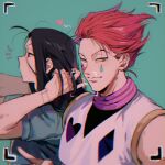  2boys adjusting_hair annoyed bangs bare_shoulders black_hair closed_mouth crop_top crop_top_overhang facial_mark from_side green_background hair_slicked_back half-closed_eyes hand_up hands_in_hair hands_up heart hisoka_morow hunter_x_hunter illumi_zoldyck long_hair looking_at_viewer looking_away male_focus messy_hair multiple_boys profile qin_(7833198) red_hair short_hair short_sleeves side-by-side simple_background sleeveless smile upper_body v viewfinder yellow_eyes 