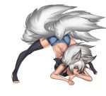  absurdres ainemswork_(artist) animal_ears barefoot breasts denim denim_shorts fox_ears fox_tail highres jack-o&#039;_challenge kitsune large_breasts long_hair looking_at_viewer mithra_tsukiaki_(vtuber) multiple_tails non-web_source original scar scar_on_back shorts tail thighhighs virtual_youtuber 