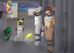  anthro ball_gag bdsm bondage bound canid canine canis cervid chastity_(disambiguation) chastity_cage chastity_device clothing collar cuff_(restraint) cuffs_(disambiguation) eeveelution eyewear female gag genitals glasses glowing_tail_tip group hi_res hooves jolteon kyn_skyther kynmedia lizard male mammal nintendo penis pok&eacute;mon pok&eacute;mon_(species) reptile restrained restraints rope scalie shackles slave slave_market vehicle video_games wolf wolfiescootaloo 