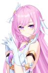 1girl absurdres closed_mouth czk elysia_(herrscher_of_human:ego) elysia_(honkai_impact) from_side gloves hair_ornament highres honkai_(series) honkai_impact_3rd interlocked_fingers long_hair looking_at_viewer looking_to_the_side own_hands_together pink_hair purple_eyes simple_background smile solo upper_body white_background white_gloves 