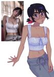  1girl artist_self-insert black_hair blue_eyes breasts cleavage colored_inner_hair crop_top glasses grey_pants highres looking_at_viewer margaret_h medium_breasts mole_on_arm mole_on_cheek multicolored_hair navel navel_piercing original pants photo-referenced piercing pink_hair reference_inset shadow shirt short_ponytail simple_background solo two-tone_hair white_background white_shirt 