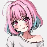  1girl ahoge aqua_hair bangs blush bob_cut chikinfireo collarbone colored_inner_hair hair_intakes highres idolmaster idolmaster_cinderella_girls idolmaster_cinderella_girls_starlight_stage looking_at_viewer multicolored_hair pink_eyes pink_hair single_bare_shoulder sketch solo two-tone_hair yumemi_riamu 