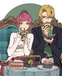  1boy 1girl bangs blonde_hair book cake caro_bambino cellphone couch crossed_legs cup cupcake disposable_cup drink drinking drinking_straw drinking_straw_in_mouth earrings food fruit green_eyes hair_bun highres holding holding_book holding_cup holding_drink jacket jewelry jojo_no_kimyou_na_bouken lipstick long_sleeves looking_at_another looking_down makeup nail_polish pannacotta_fugo parted_bangs phone phone_stand pink_hair plate pleated_skirt purple_eyes selfie sitting skirt smartphone strawberry strawberry_shortcake sweater table tablecloth trish_una turtleneck turtleneck_sweater v vento_aureo 