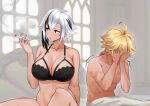  1boy 1girl absurdres aether_(genshin_impact) ahoge arlecchino_(genshin_impact) bangs bed_frame black_bra black_eyes black_hair blonde_hair bonz_(bonz0616) bottomless bra breasts cigarette cleavage completely_nude covering_face genshin_impact grey_hair hickey highres holding holding_cigarette indoors large_breasts long_hair looking_away looking_to_the_side motion_lines multicolored_hair nude on_bed parted_lips red_eyes sitting smoke smoking sweat trembling two-tone_hair underwear underwear_only 