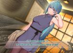  1girl armpit_peek azura_cecillia belt black_belt black_pantyhose blue_hair breasts brown_jacket dress grey_dress highres holding holding_clothes holding_jacket indonesian_commentary indonesian_text iroha_mato jacket jacket_removed jewelry long_hair looking_to_the_side medium_breasts multicolored_hair necklace nijisanji nijisanji_id pantyhose pink_hair ponytail solo streaked_hair sweat virtual_youtuber 