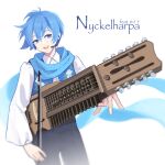  1boy :d bangs black_pants blue_eyes blue_hair blue_nails blue_theme blue_vest character_name collared_shirt cowboy_shot dress_shirt floating_clothes floating_scarf floral_print headset highres holding holding_instrument instrument kaito_(vocaloid) long_sleeves looking_at_viewer male_focus music nyckelharpa outstretched_arm pants playing_instrument puffy_long_sleeves puffy_sleeves roy_(pixiv992911) shirt short_hair simple_background smile solo vest vocaloid white_background white_shirt 