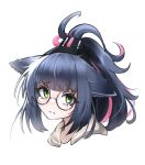  1girl animal_ears arknights bespectacled blue_hair cat_ears cat_girl dr_yamero glasses green_eyes headset highres jessica_(arknights) looking_at_viewer multicolored_hair pink_hair portrait solo streaked_hair 