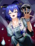  1girl blue_eyes blue_hair collarbone covered_navel dress drill_hair gradient gradient_background hair_ornament hair_rings hair_stick highres kaku_seiga looking_at_viewer shawl short_hair simple_background skull solo takana_(forsterite) tongue tongue_out touhou vest 
