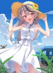  1girl :d arms_up bangs bare_arms bare_shoulders black_hair blue_sky blush braid cloud day dress flower grey_hair hair_ornament hairclip hands_on_headwear hat hat_flower highres hololive long_hair looking_at_viewer multicolored_hair outdoors plant quarterlift red_eyes revision sakamata_chloe sky sleeveless sleeveless_dress smile solo straw_hat streaked_hair sundress sunflower virtual_youtuber white_dress x_hair_ornament yellow_flower yellow_headwear 