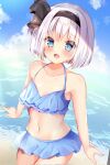  1girl bangs beach bikini black_hairband blue_eyes blue_sky cloud collarbone cowboy_shot day hairband highres konpaku_youmu navel ocean open_mouth outdoors shirotsuki_shirone short_hair sky solo swimsuit touhou traditional_media water 