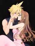  2020 aerith_gainsborough arm_around_waist bare_arms black_background black_sweater blonde_hair blue_eyes breasts brown_hair closed_mouth cloud_strife couple dated dress eye_contact final_fantasy final_fantasy_vii green_eyes hair_down hetero imminent_kiss krudears long_hair looking_at_another medium_breasts parted_lips pink_dress ribbed_sweater shiny shiny_skin sleeveless sleeveless_dress sleeveless_sweater spiked_hair sweater very_long_hair 