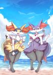  absurd_res anthro beach bikini braixen breasts canid canine clothed clothing duo female fur genitals hi_res inner_ear_fluff mammal misx nintendo nipples outside pok&eacute;mon pok&eacute;mon_(species) pussy seaside skulkers smile swimwear tuft video_games white_body white_fur yellow_body yellow_fur 
