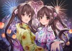  2girls :d bikini brown_eyes brown_hair commentary_request fireworks floral_print flower green_bikini hair_flower hair_ornament japanese_clothes karory kimono long_hair long_sleeves looking_at_viewer multiple_girls night night_sky obi open_mouth original outdoors purple_bikini sash side_ponytail sky smile sunflower_print swimsuit twintails yukata 