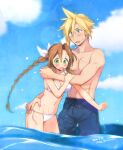  1boy 1girl 2016 aerith_gainsborough bangs bikini blonde_hair blue_eyes blue_sky bow braid braided_ponytail breasts brown_hair cleavage cloud cloud_strife collarbone couple cowboy_shot dated day embarrassed final_fantasy final_fantasy_vii floating_hair green_eyes groin hair_between_eyes hair_bow hair_intakes halterneck hetero krudears lens_flare long_hair male_swimwear medium_breasts navel ocean open_mouth outdoors ponytail side-tie_bikini sidelocks sky spiked_hair standing summer sunlight sweatdrop swimsuit twitter_username untied untied_bikini very_long_hair wading wardrobe_malfunction wavy_mouth white_bikini white_bow 