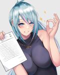  1girl alien_simp azura_cecillia black_shirt blue_eyes blue_hair breast_press breasts collarbone grey_background hair_behind_ear highres holding holding_paper leaning_to_the_side long_hair looking_at_viewer medium_breasts multicolored_hair nijisanji nijisanji_id ok_sign paper pink_hair ponytail shirt sleeveless sleeveless_shirt smile solo sparkle streaked_hair virtual_youtuber 